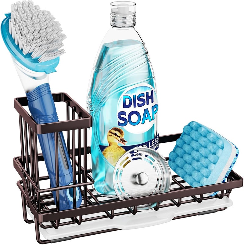 Consumest Sink Caddy Kitchen Organizer, Sponge Holder for Kitchen Sink with Removable Drip Tray for Countertop Dish Soap Holder Dispenser Brush Holder, 304 Stainless Steel - Bronze - Image 1